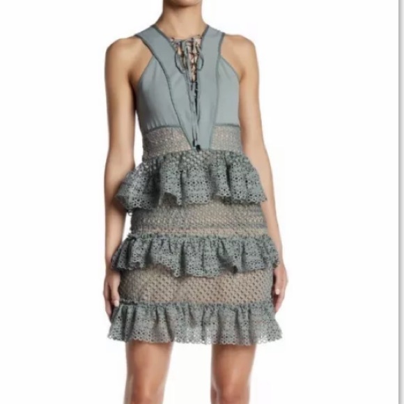 Corset Dress Sage Ruffle Crochet Lace Medium Semi Formal Cocktail Party Layered - Picture 3 of 12